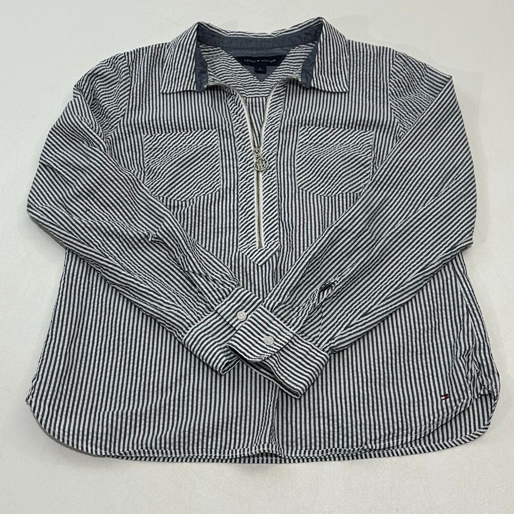 Tommy Hilfiger Womens Zip Pullover Shirt Navy Blue Striped Cotton Blend Size M